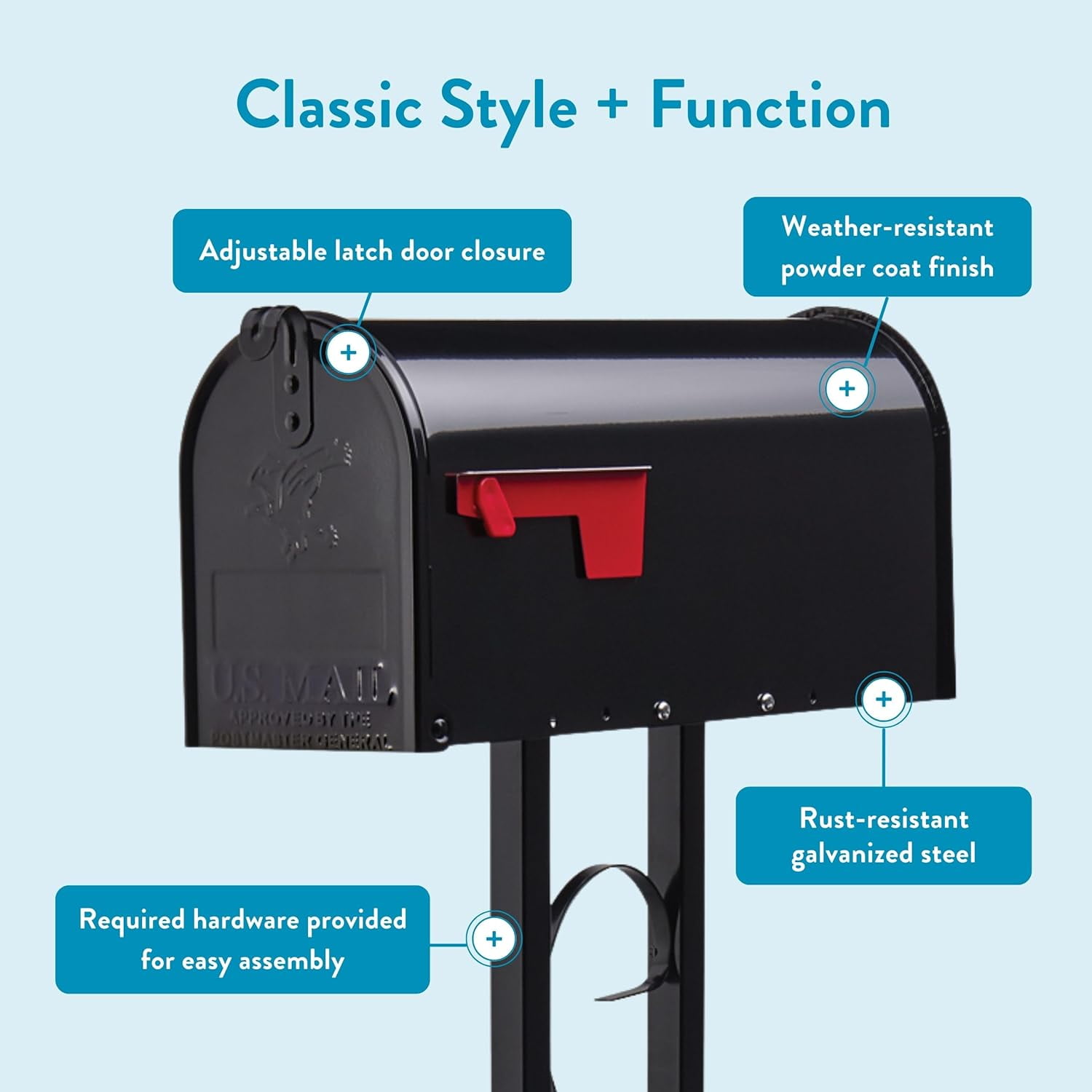 Weather-Resistant Steel Metal Mail Box for Outside with Post, Black, Medium Curbside  Approved