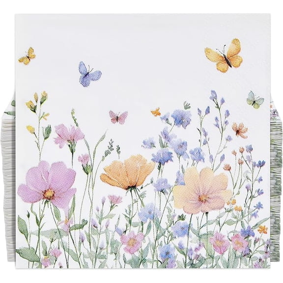 Gift Boutique Wildflower Butterfly Cocktail Napkins, Spring Floral Garden Disposable Beverage Napkins for Parties, Showers & Events, 100 Count