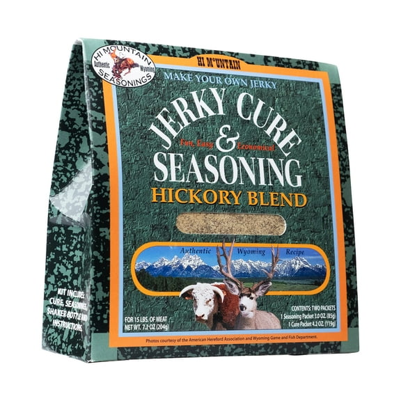 Hi Mountain Jerky Seasoning and MDA05Cure Kit | HICKORY BLEND | Beef Jerky Seasoning | Perfect for Beef, Venison, Elk, & Deer | Seasons up to 15 lbs. of Meat (1 Box)