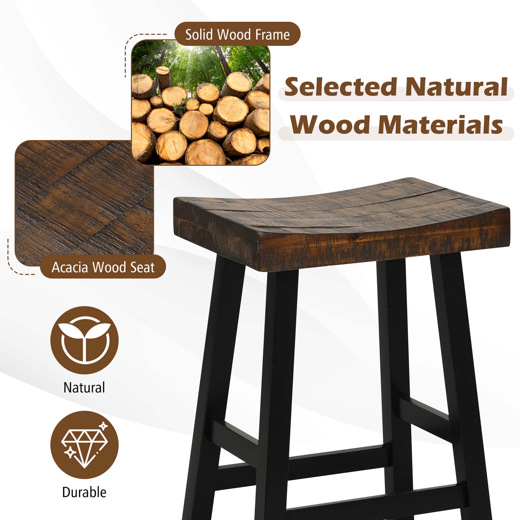 Costway 29" Bar Stool Set of 2 Bar Height Solid Wood Curved Saddle Seat Footrest