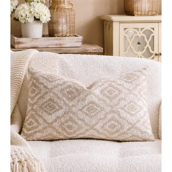 Fennco Styles Geometric Woven Throw Pillow with Insert 12" x 20" - Beige Textured Decorative Pillow with Diamond Pattern for Couch, Bed, Home and Cottage Décor, 1-Pack