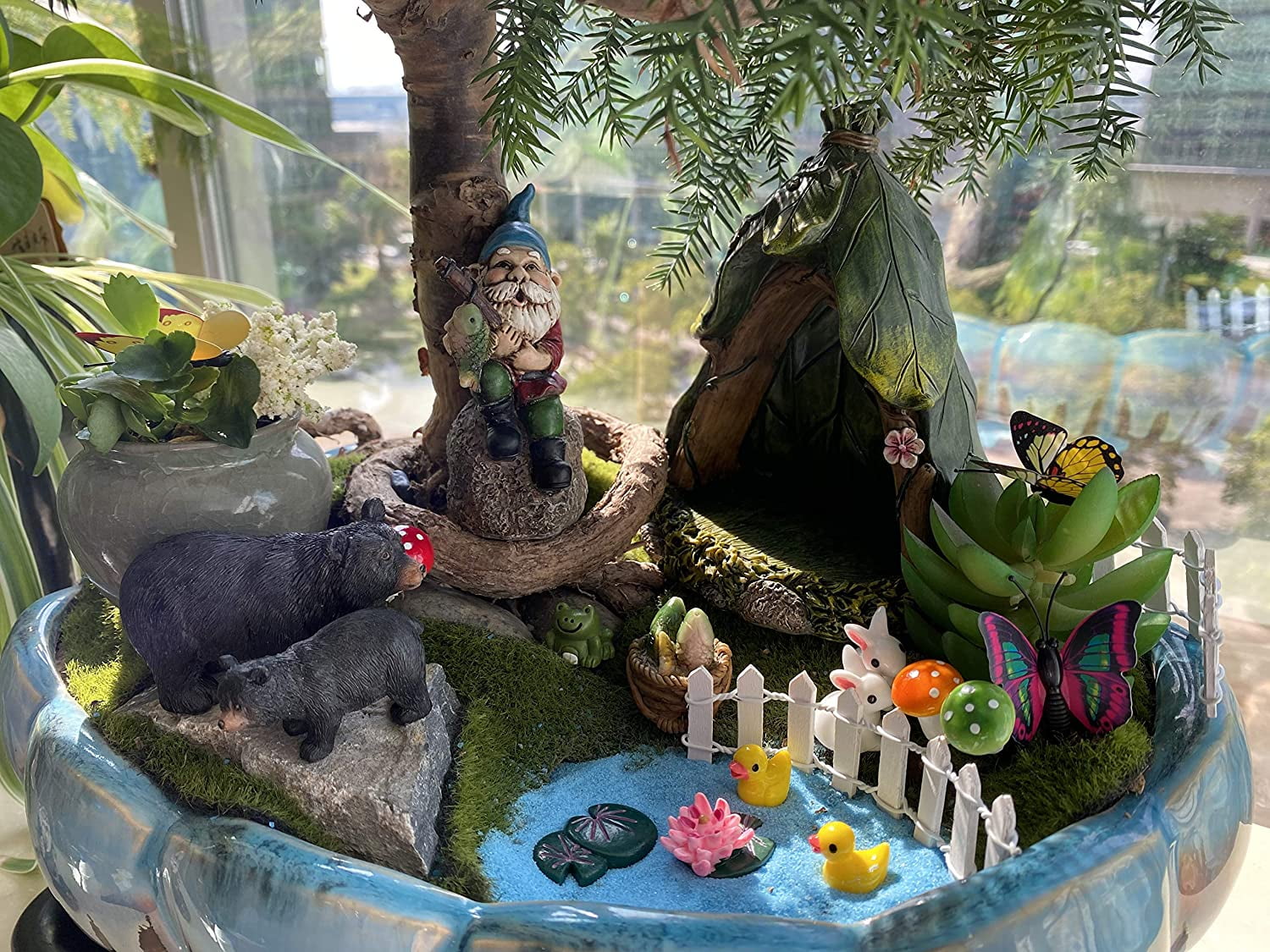 Outdoor Miniature Gnome Garden Kit Fairy Village Houses Fairies Accessories Toy Set Decor Fishing Gnome Figurines Statue Patio Cake Topper for Boy Girl Mother Girlfriend Birthday Gifts