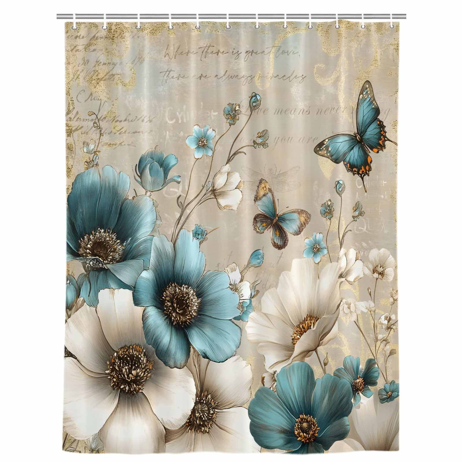 Teal Tulip Butterfly Shower Curtain, Waterproof Shower Curtains for Bathroom, Beige Turquoise Floral Vintage Rustic Washable Fabric Bathtub Curtain Set Bath Decor with 12 Hooks 48"x72"