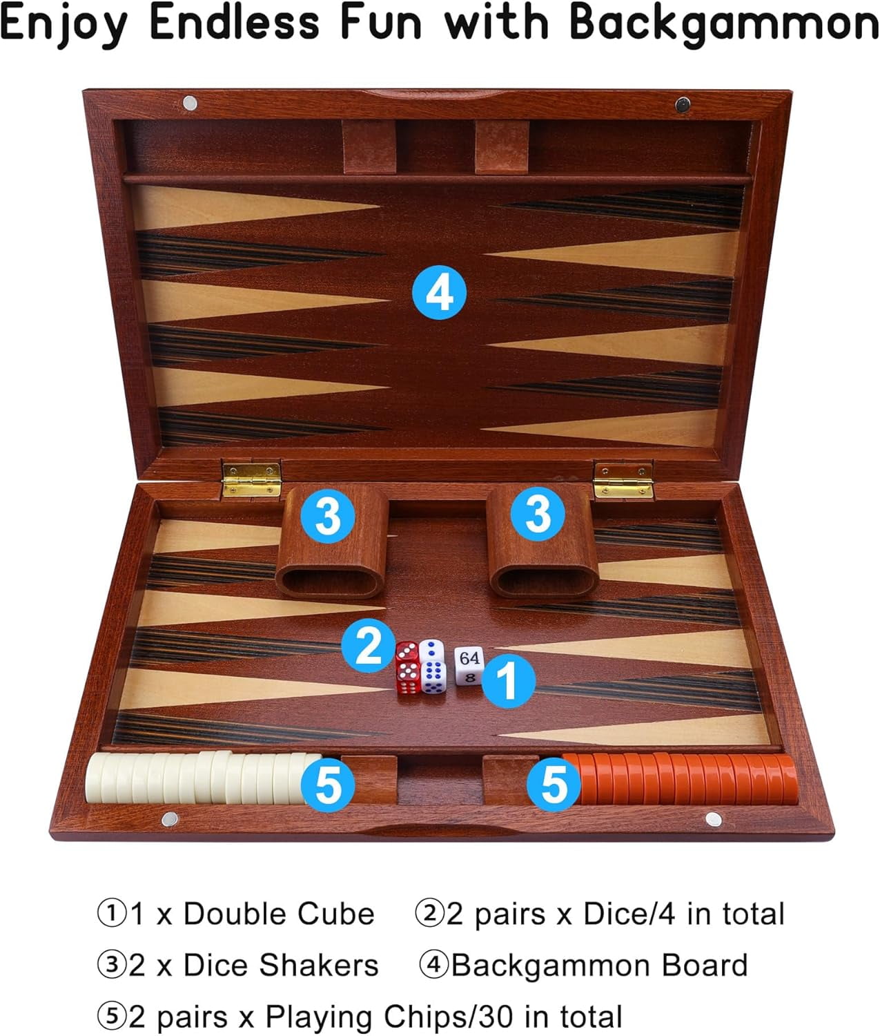 Fugocen Backgammon Set Folding Classic Brown Wooden Portable Travel 15 Inches