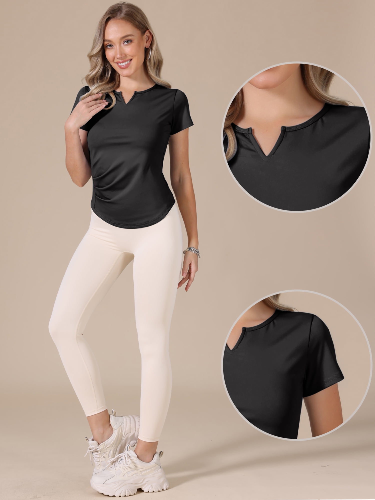 DARING DIVA Women's Elastic Workout Tops Short Sleeve Running Gym Shirts M Black