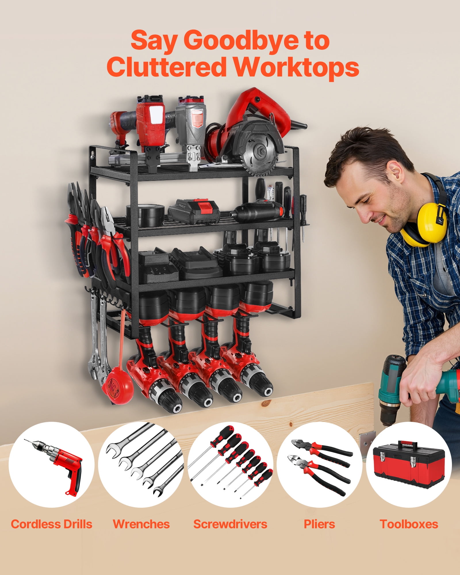 VEVOR Power Tool Organizer Wall Mount, 4-Layer Storage Rack with 4 Drill Holders, Tools Holder and Storage Rack with Screwdriver Holder, Garage Tool Organizer for Garage, Workbench, and Workshop
