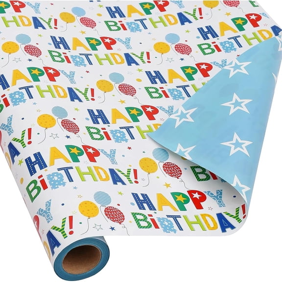 AUCLAY Reversible Birthday Wrapping Paper Roll for Kids Men Women, Colorful Happy Birthday Lettering with Balloon and Star Design 17.7 in X 394 in
