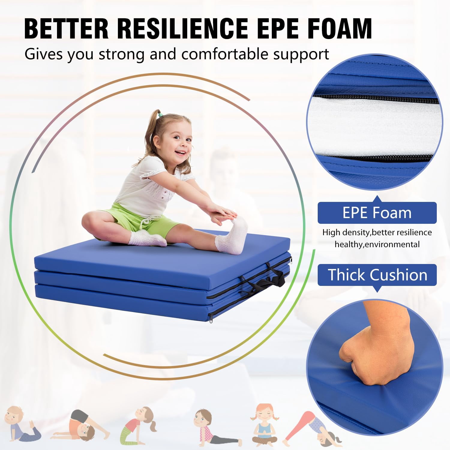 NiamVelo 6'x2'x1.5" Gymnastics Mat Folding Tumbling Mats 3-Fold Gymnastics Equipment PU Leather Exercise Mat Yoga Mat with Carrying Handles for Home Workout Outdoor, Blue