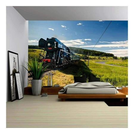 wall26 Steam Engine Locomotive Train Moving Next to The River - Removable Wall Mural | Self-Adhesive Large Wallpaper - 100x144 (Best Wallpapers For Steam)