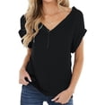 thumbnail image 1 of Camisetas negras de manga corta con cuello en V, Tops holgados, ropa de calle informal, camisetas de Color sólido 2021, 1 of 4