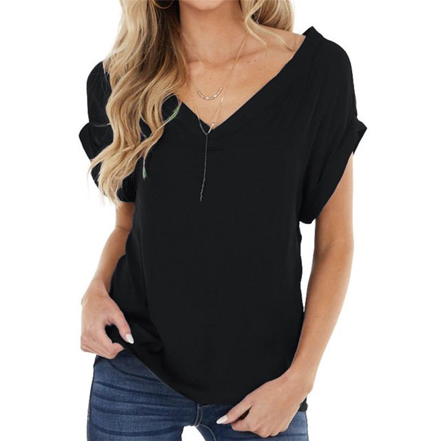 Camisetas negras de manga corta con cuello en V, Tops holgados, ropa de calle informal, camisetas de Color sólido 2021