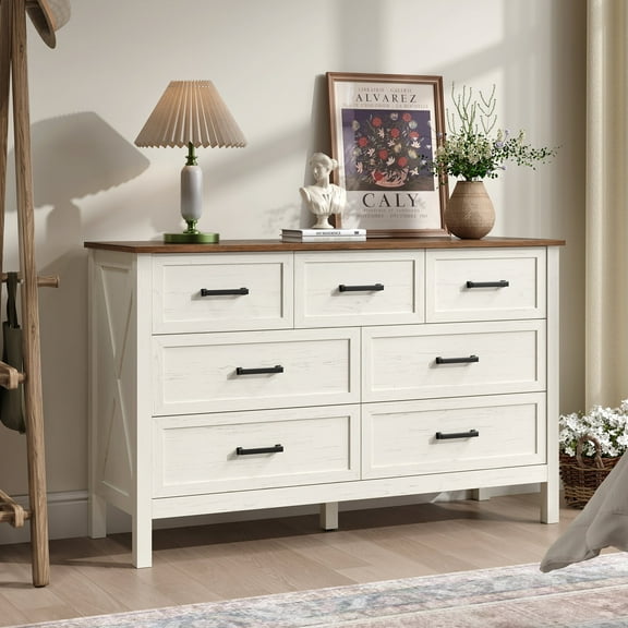 YouTrend 7 Drawer Farmhouse Dresser,Wood Adult Rustic Chest of Drawer with Metal Handles for Bedroom Living Room Hallway,Burlywood & White