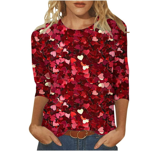 Nfurl Women's Sparkling Heart Sequin Shirts Dressy Casual 3/4 Sleeve Crewneck Party Tops Trendy Ladies Evening Cocktail Club Clothing Red XXL