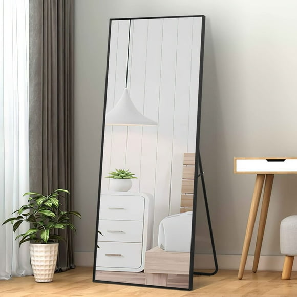 NeuType Full Length Mirror Dressing Mirror with Standing Holder 59"x20" Large Rectangle Bedroom Floor Mirror Wall-Mounted Mirror Hanging Leaning (Black (59" x 20" with Standing))