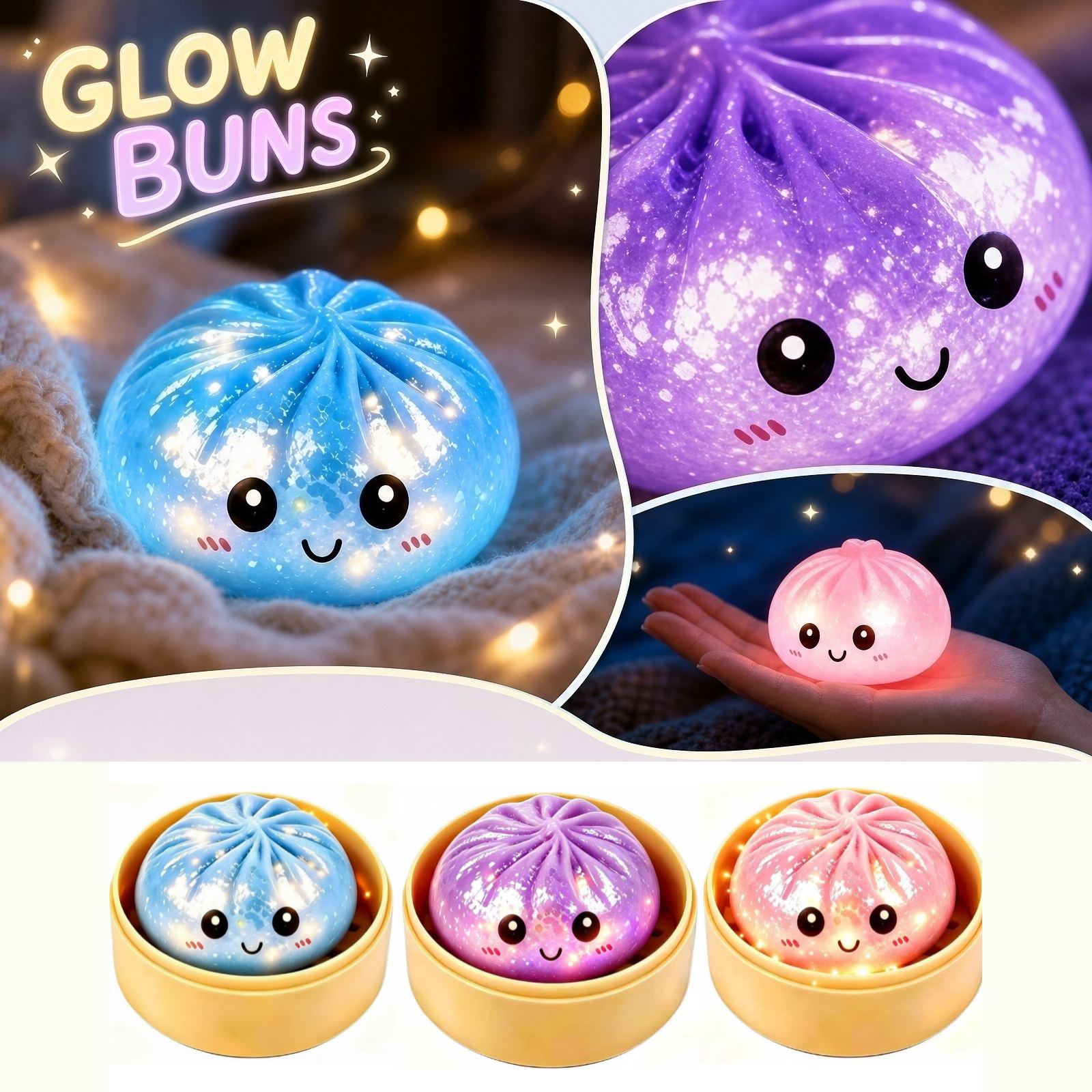 Illumination Glitter Dumpling Squishy Toys with Steamer - Kawaii Steamed Bun Sensory Stress Balls - Fun Squeeze Desk Fidget for Adult Decompression and Office Relief (Random Color)