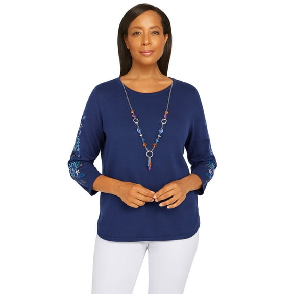 Alfred Dunner Womens Plus-Size Embroidered Sweater With Detachable Necklace