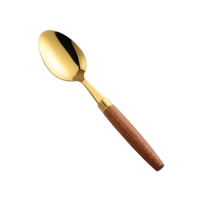 Zhuge Cuchara con mango de madera retro, cucharas para servir de acero inoxidable, cuchara de madera para la cena, dorada con mango marrón, 4 piezas