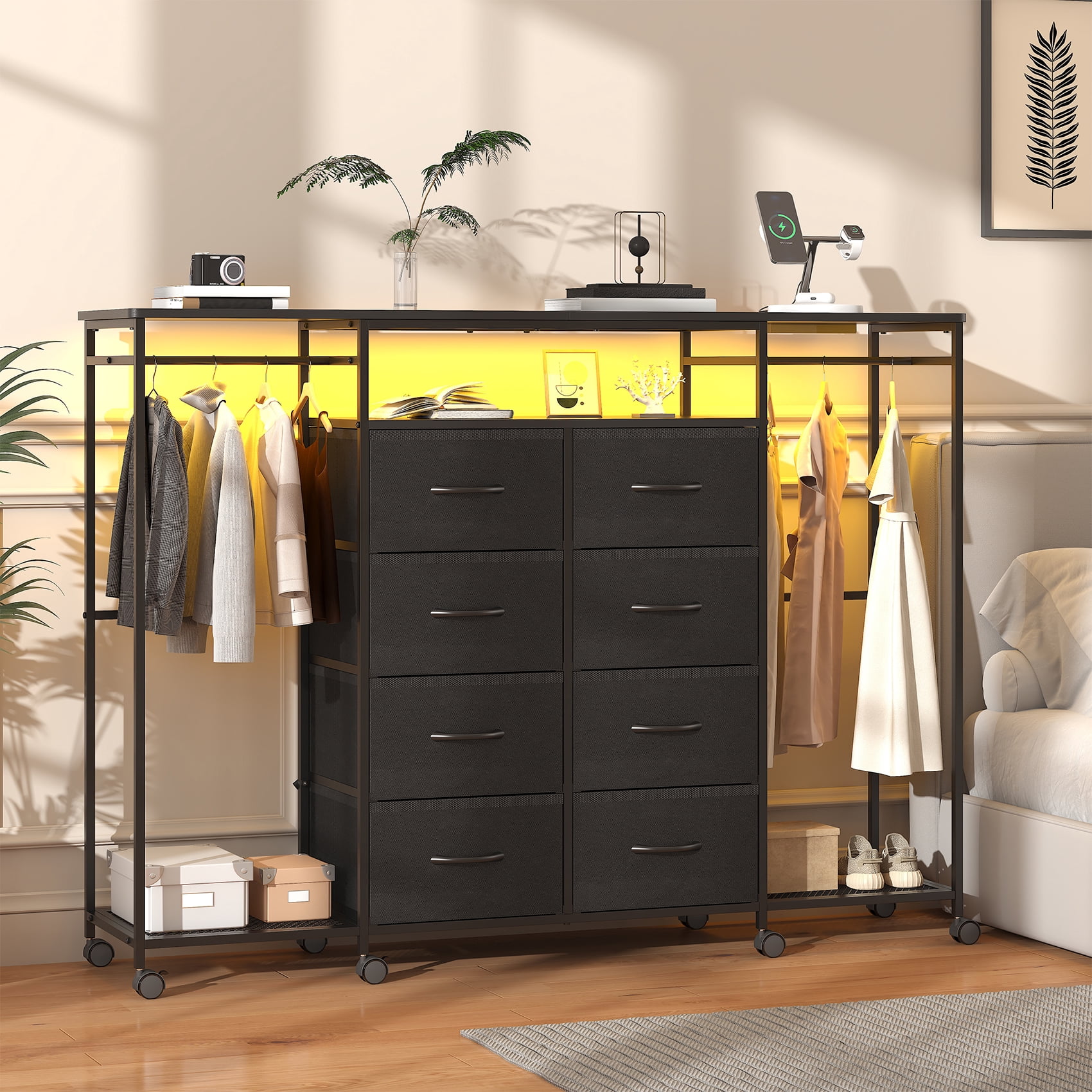 Frmobepts Dresser with Clothes Rack, 8 Drawers Dresser with Charging Station & LED Lights, Black Storage Unit with Wheels for Bedroom, Closet