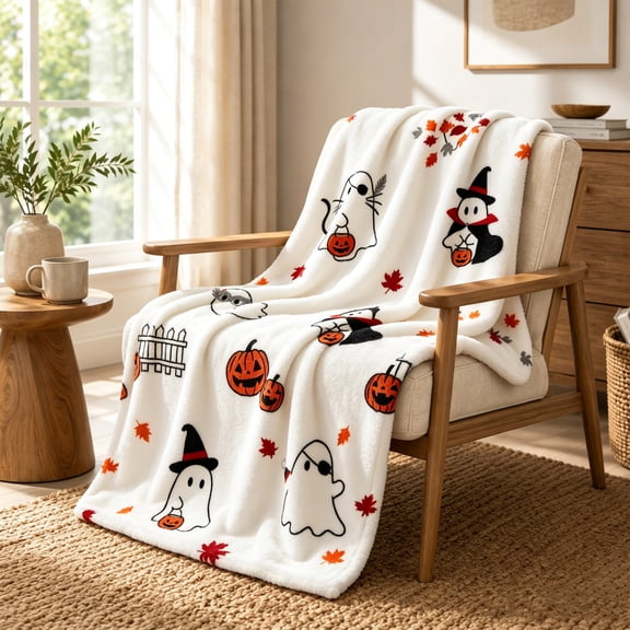 MYUNNIL Halloween Ghost Throw Blanket, 59 x 39 Inch Soft Comfact Ghost Pumpkin Maple Leaf Pattern Fleece Blanket, Fall Adorable Durable Decorative Cushion for Sofa Bedroom Office Supply, White