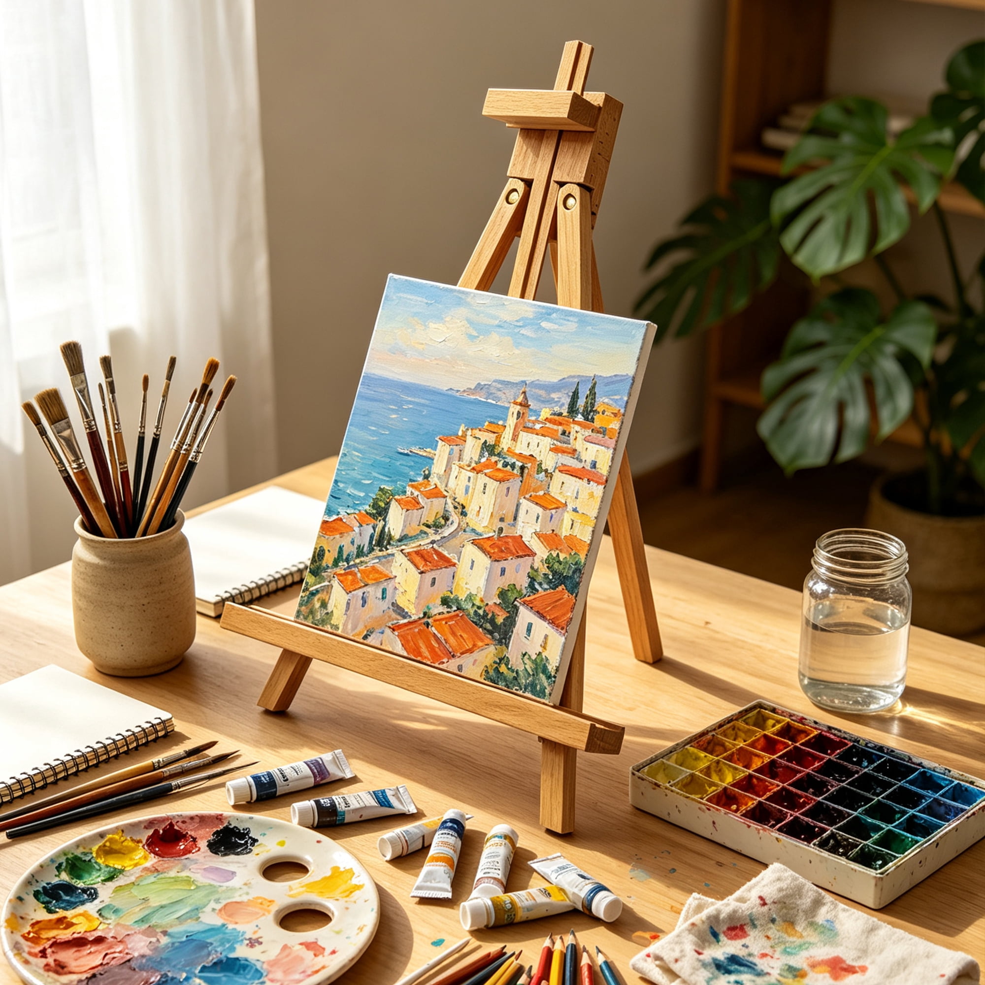 Adjustable Tabletop Wood Easel, Foldable Desktop Art Easel Stand for 12‑27" Canvas, Painting & Display for Artists Beginners