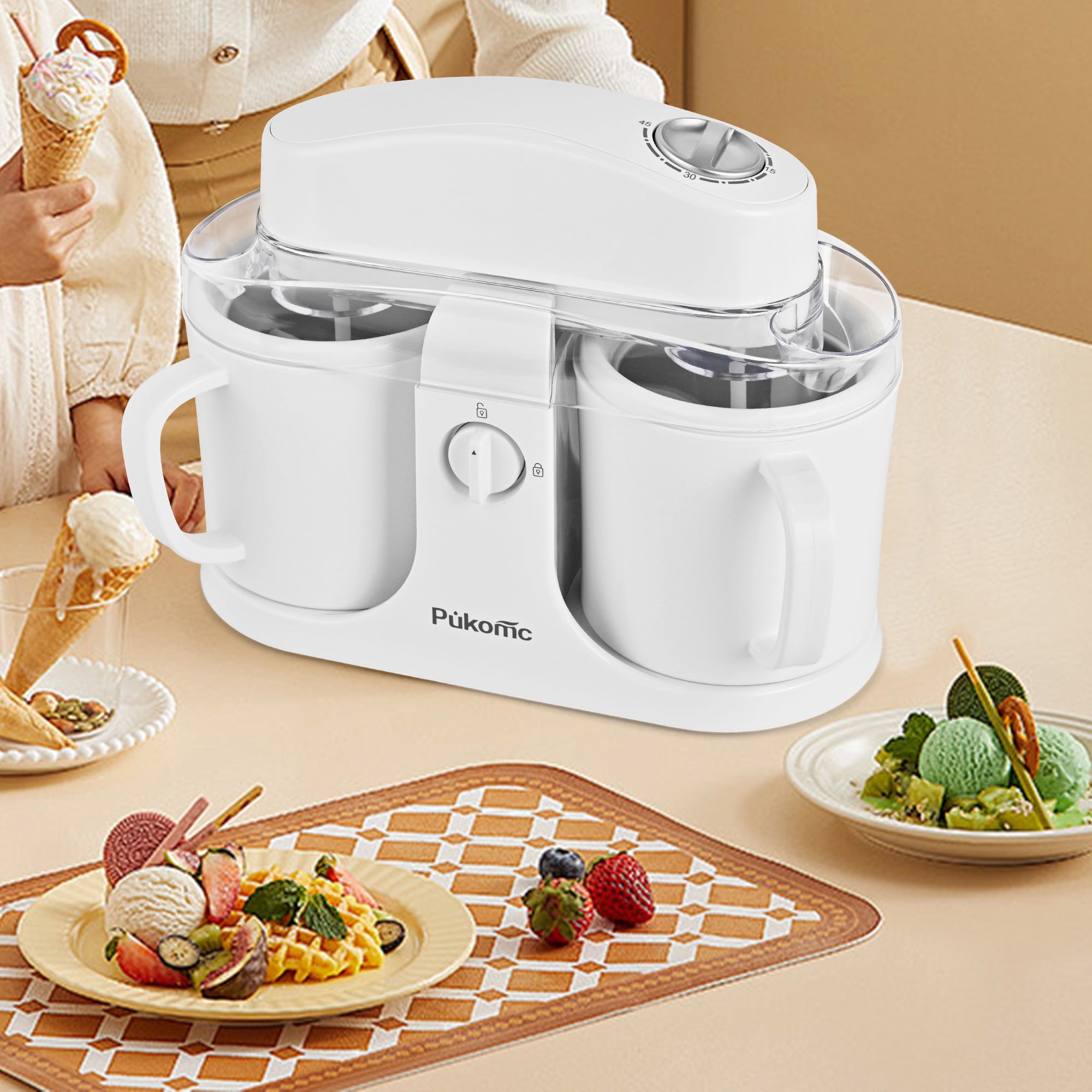 SUSTEAS Ice Cream Maker Machine for Home Use, with Two Ice Cream Bowls,Simple Operation and Easy to Clean,Pure White