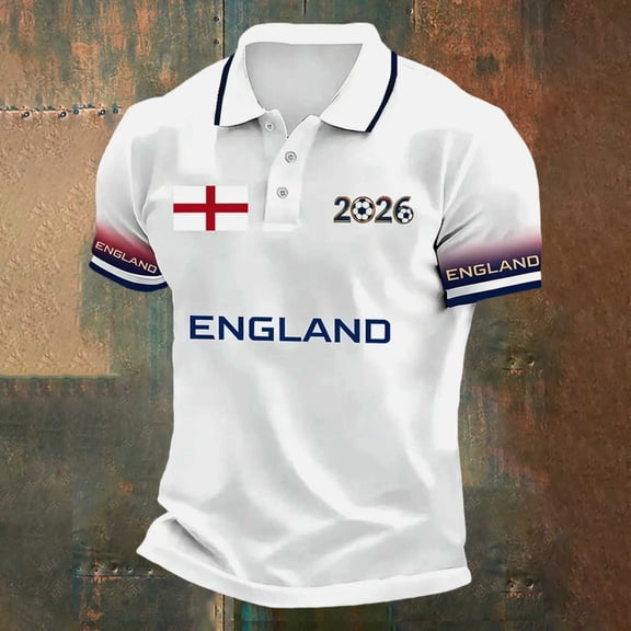 Men's England Soccer Polo Shirt with St George's Cross & "2026" – Patriotic Short Sleeve Button-Down Top for Football Matches, Fan Events & Casual Wear – Breathable Slim Fit Collared Shirt (S-XXXL)