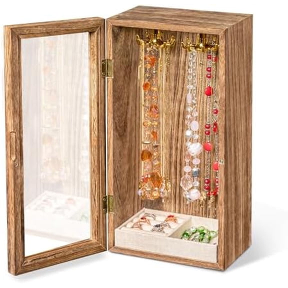 SINGLBA Jewelry Box, Wooden Necklace Holder Organizer for Women Girls, Rotatable Jewelry Organizer Case with Ring Tray Display & Storage for Necklaces Bracelets Rings Earrings, Gifts for Women Her