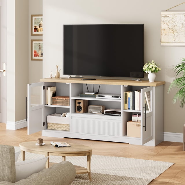 Yiwa 72 Inch Farmhouse TV Stand, Wave Pattern Media Console with Glass Doors, Open Storage for Living Room