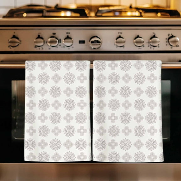 Vintage Bohemia Kitchen Towels Set of 2, Gray Flowers Boho Pattern Cream Absorbent Dish Towels for Kitchen, Microfiber Hand Towel, Quick Drying Tea Towel for Cleaning Decorative Dishcloths