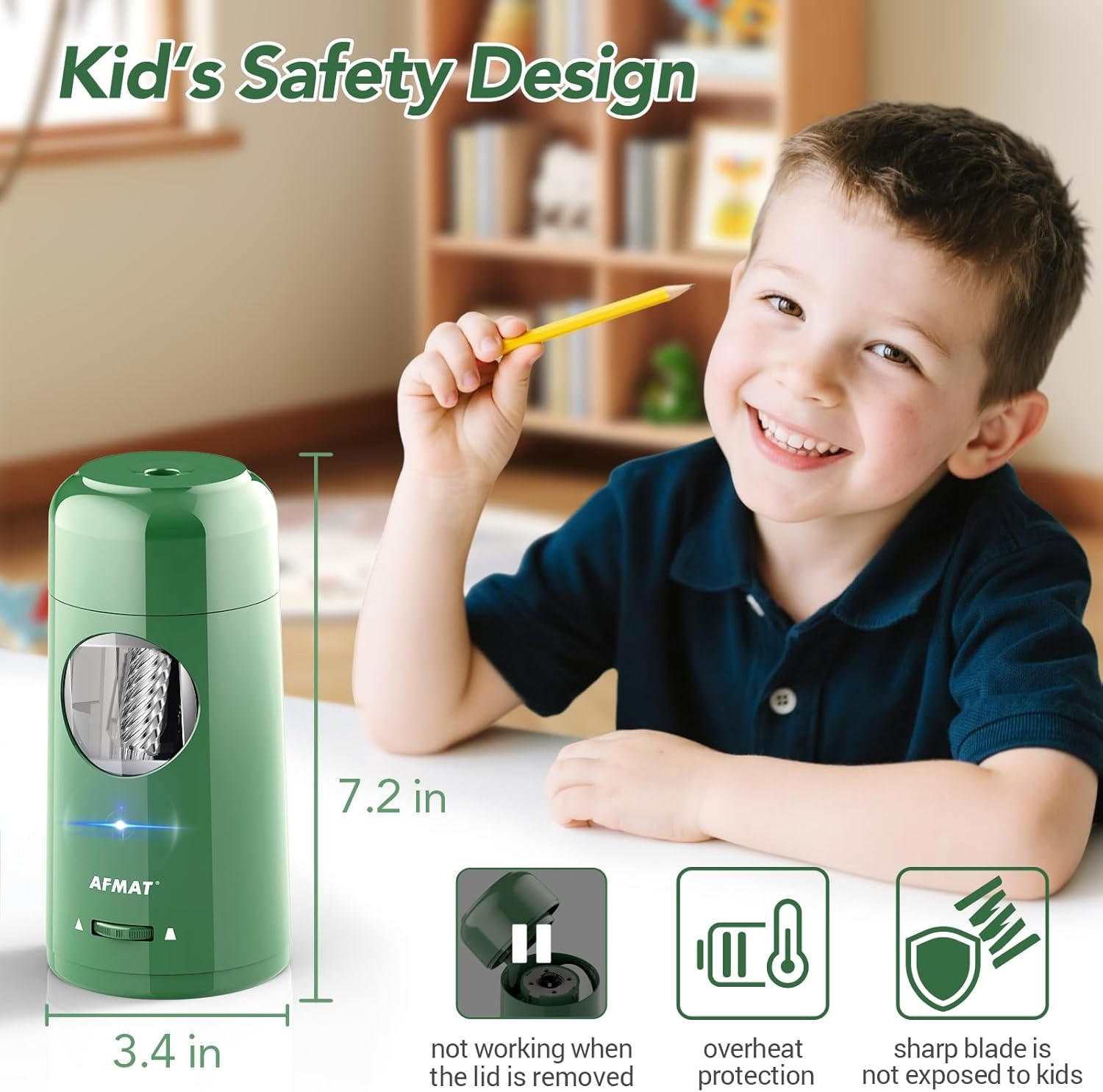 AFMAT Electric Pencil Sharpener, Rechargeable Fully Automatic Pencil Sharpener for Jumbo & Colored Pencils (7-11.5mm), Auto in/Out, Hands-Free, Portable for Home/Classroom/Office,Green