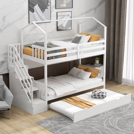 CLEARANCE! Multifunctional Twin over Twin House Bunk Bed with Staircase and Storage Space White