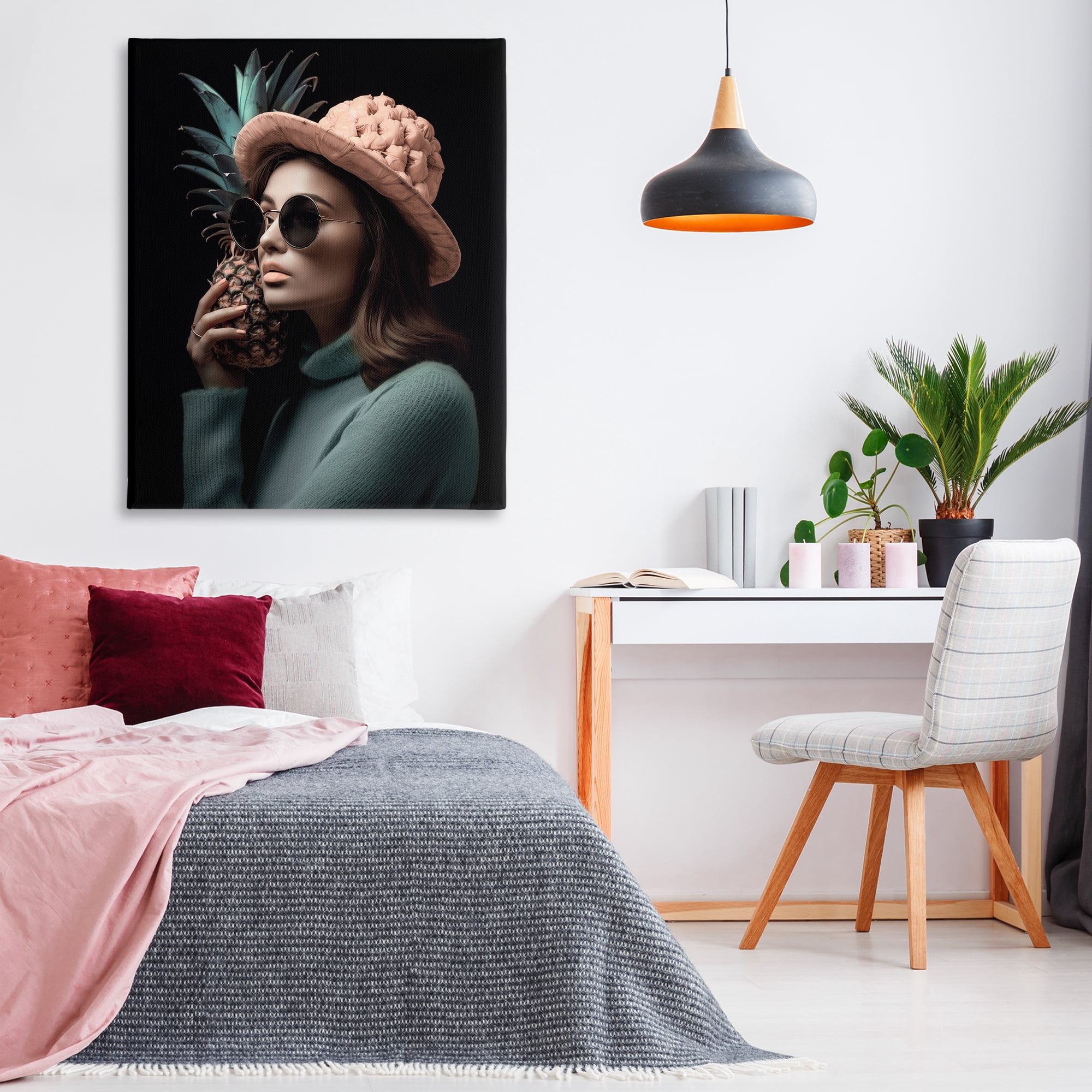 Stupell Industries Chic Girl with Pineapple Novelty Painting Gallery Wrapped Canvas Art Print Wall Art, 36 x 48