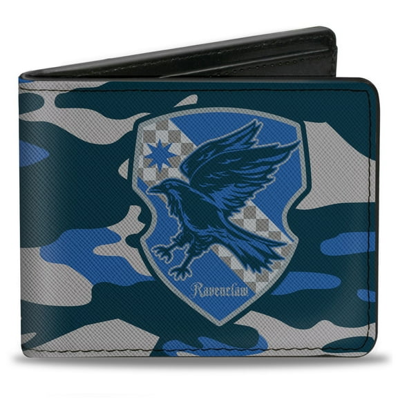 The Wizarding World of Harry Potter Wallet, Bifold, Harry Potter Ravenclaw Crest Camo Blues Grays, Vegan Leather