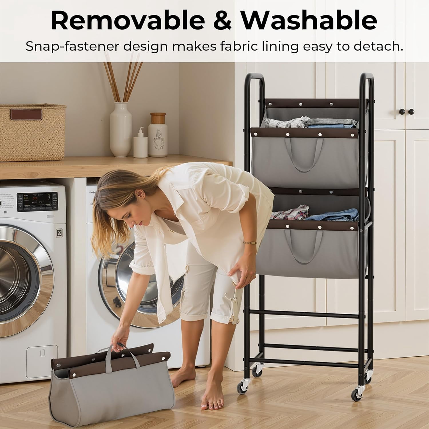 GRANNY SAYS 3 Tier Laundry Basket with Wheels, 120L Rolling Laundry Hamper Sorter, Metal Frame Laundry Organizer, 3 Bin Removable Bags, Gray