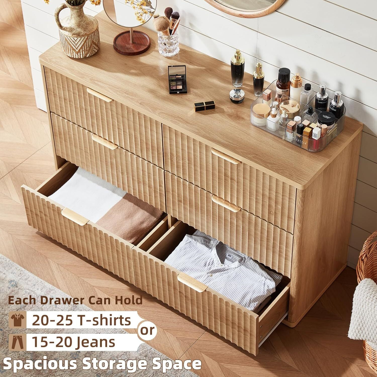 6 Drawer Dresser for Bedroom, 48" Width Fluted Wood Chest of Drawer with Golden Embedded Handles for Living Room, Natural Oak