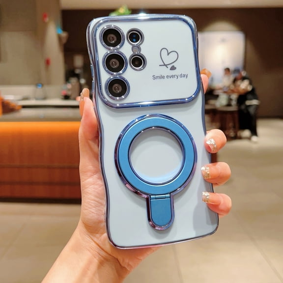 Aesthetic Cute Heart Case for Samsung Galaxy S24 Plus, Kawaii Magnetic Ring Holder Stand, Trendy Plated Slim Phone Case, Shockproof Anti-Scratch Protective Cover for Girls Women, Blue