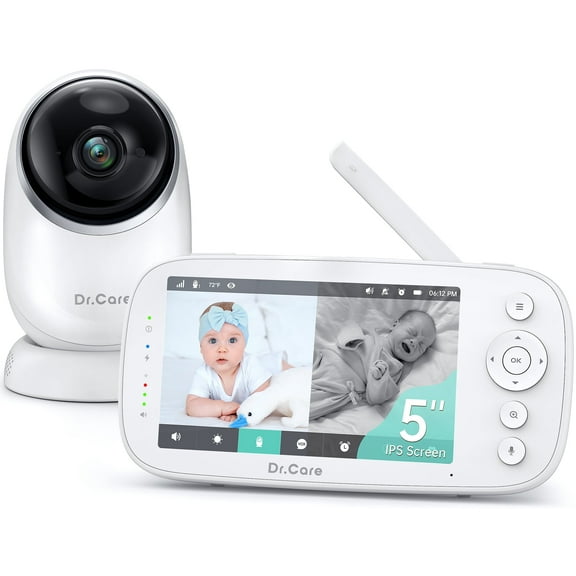 Dr.Care 5" 1080P Split-Screen Video Baby Monitor, Clear Night Vision, 5000mAh Battery, Real-Time/VOX, 2X/4X Zoom, 2-Way Audio, No WiFi Baby Camera