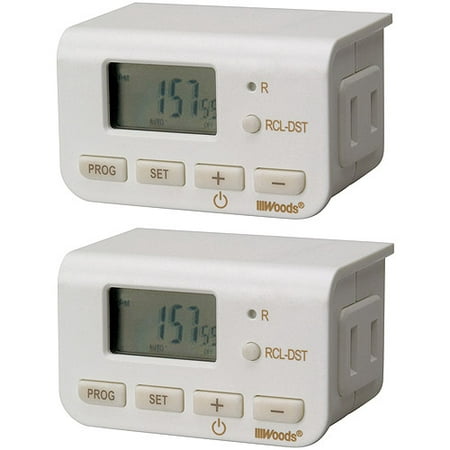 Woods 50007WD Indoor 24-Hour Digital Plug-In Timer, 2 Pack, 1 Polarized Outlet, Ideal For Automating Your Holiday Decorations and Christmas Tree