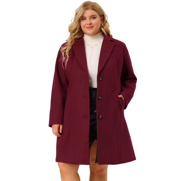 Women's Plus Size Winter Coats Elegant Notched Lapel Single Breasted Trench Coat Wine Red 2X