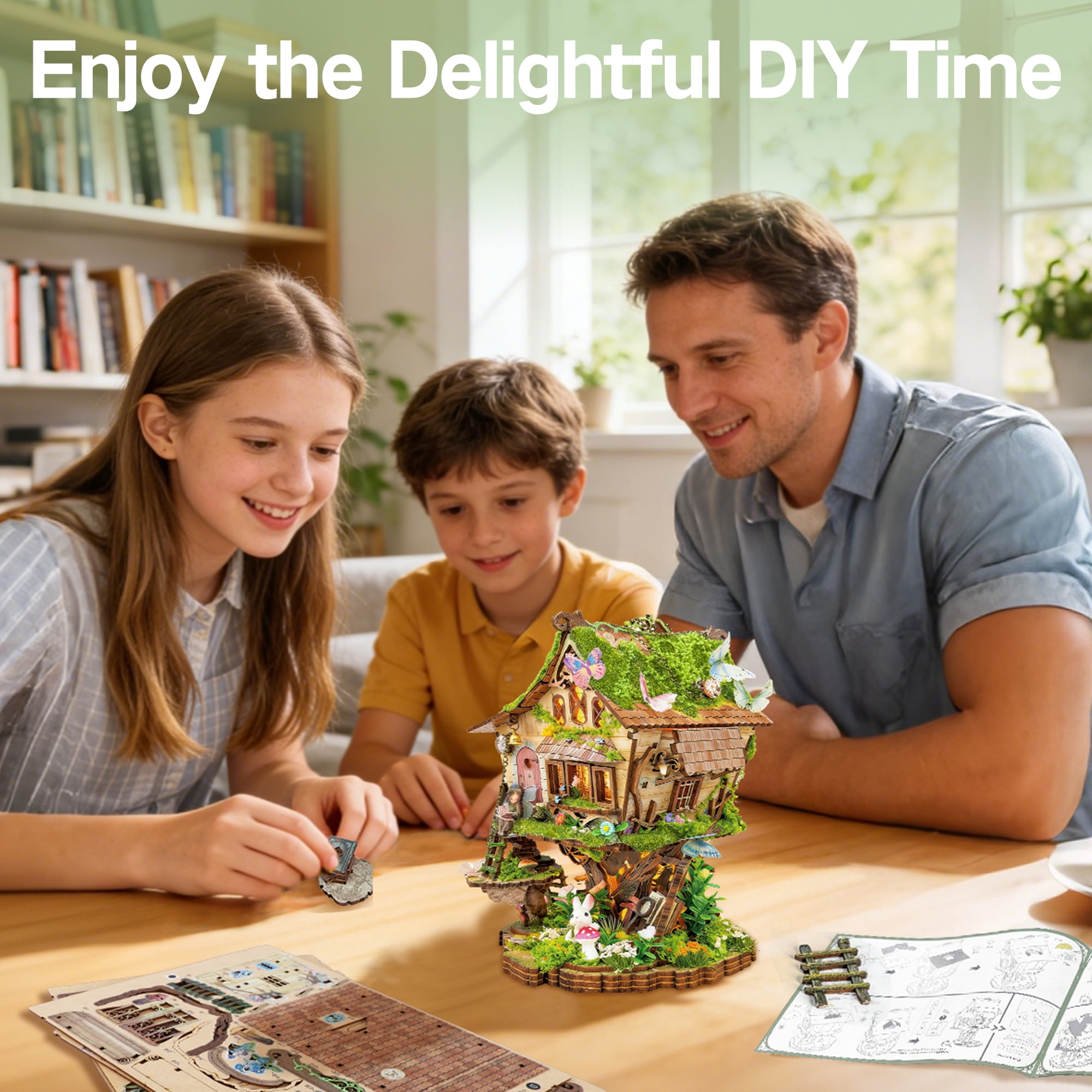 BELEEV 3D Wooden Puzzle Model Building Kit, Miniature House Kit with LED Light, Fantasy Tree House Book Nook Kit for Adults, Dollhouse Bookshelf Decor, Creative DIY Crafts Gift for Teens Adults
