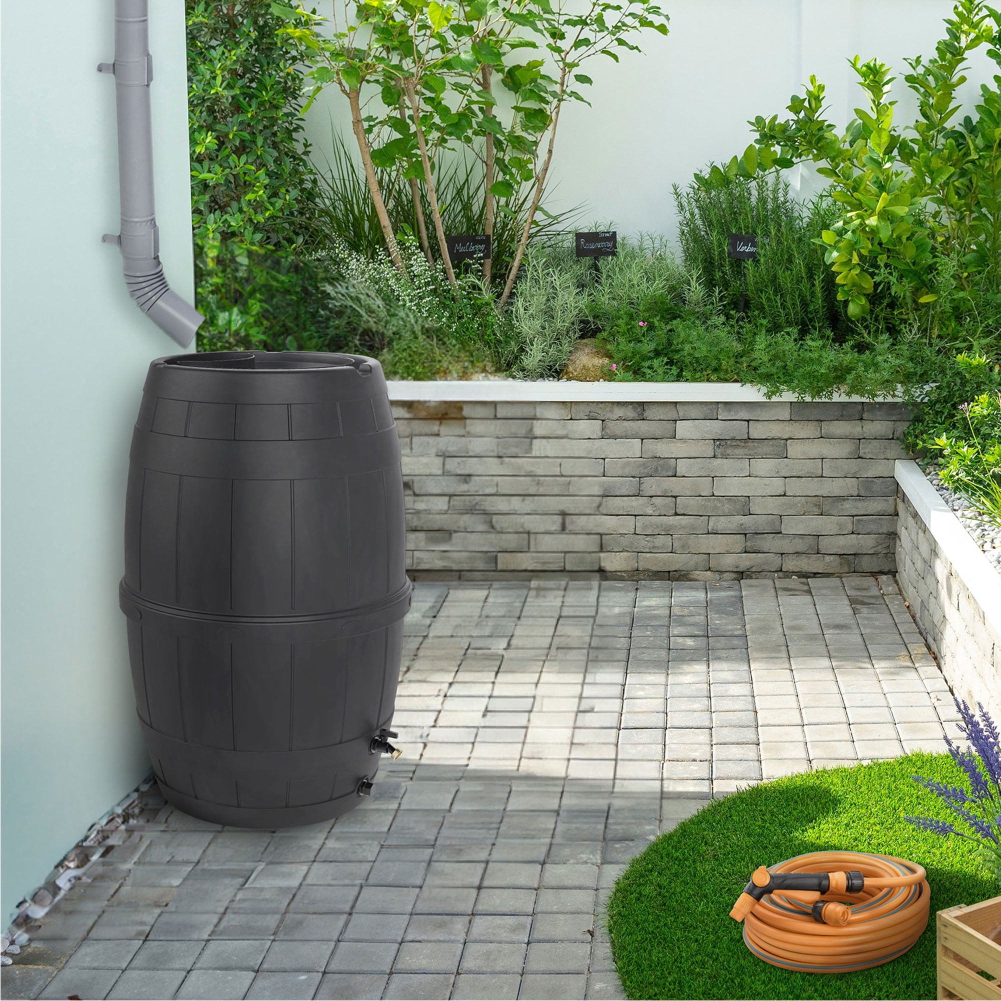 TierraVerde Knock Down Rain Barrel with Rust Proof Brass Spigot, 39 Gallon, Black