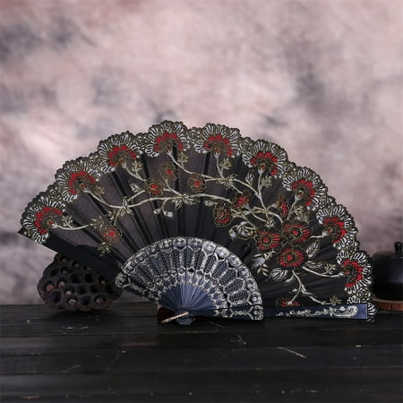 

Chinese Style Dance Wedding Party Lace Silk Folding Hand Held Flower Fan Retro Fans Decorate
