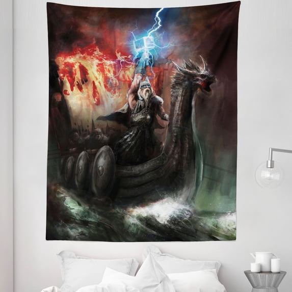 Fantasy Tapestry, Thunder Wrath in Viking Thorn Ship Floating in Fiery Waves Odin Narrative, Fabric Wall Hanging Decor for Bedroom Living Room Dorm, 5 Sizes, Grey Orange, by Ambesonne