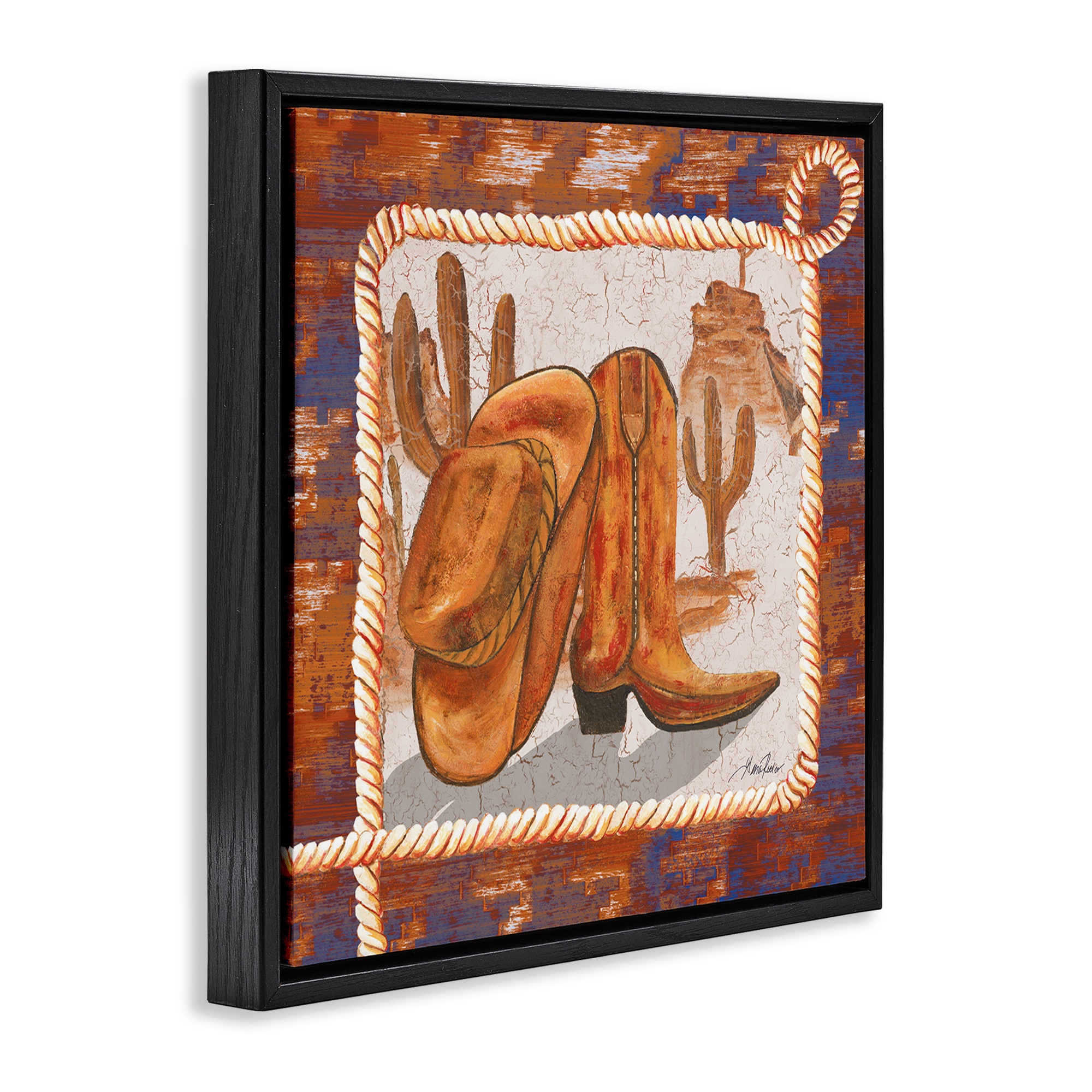 Stupell Industries Western Cowboy Boot Landscape Painting Black Floater Framed Canvas Art Print Wall Art, 25 x 25