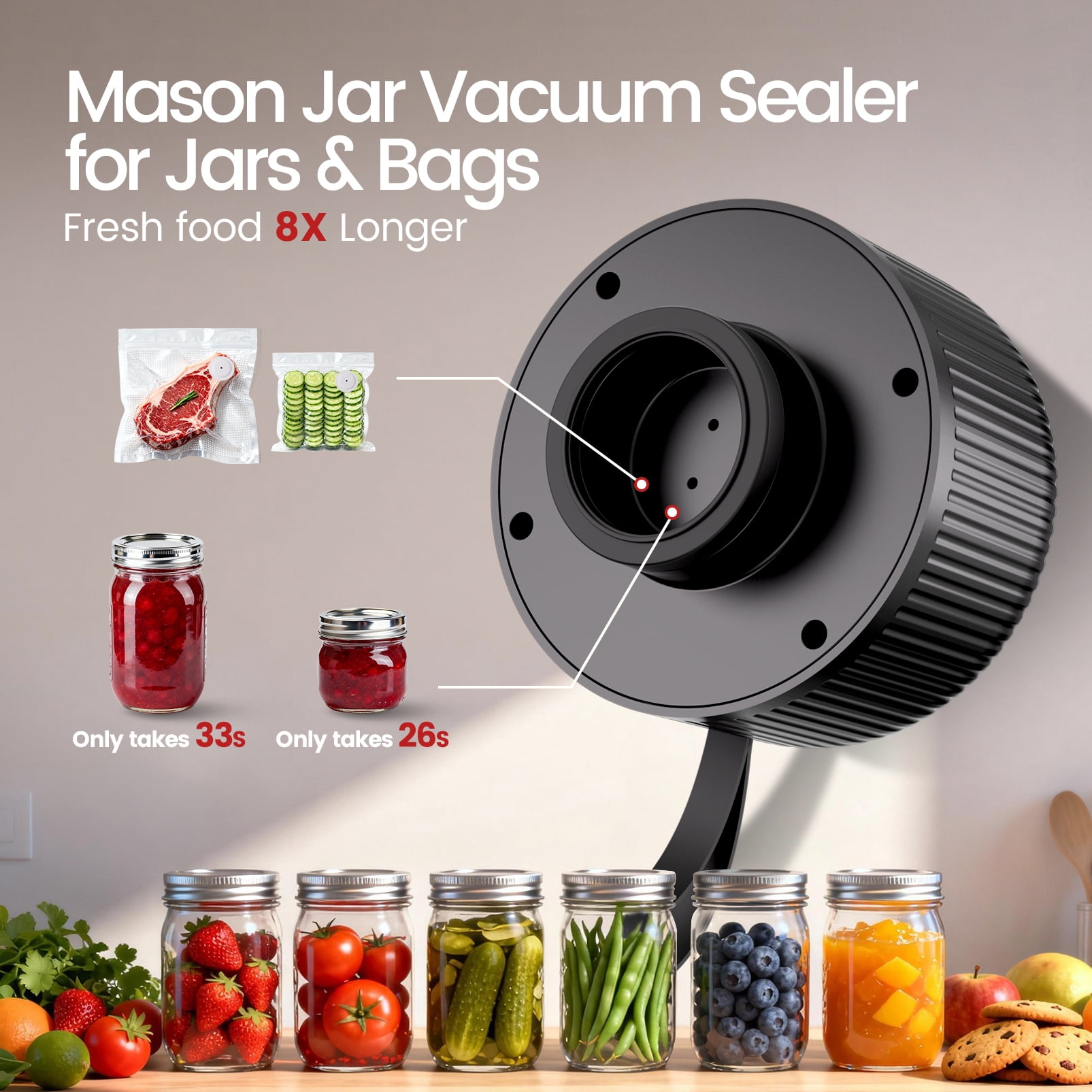 Uarter Mason Jar Vacuum Sealer with 30 Lids, Electric Vacuum Sealer Machine with Wide&Regular Mouth Mason Lids/Vacuum Bags for Food Storage