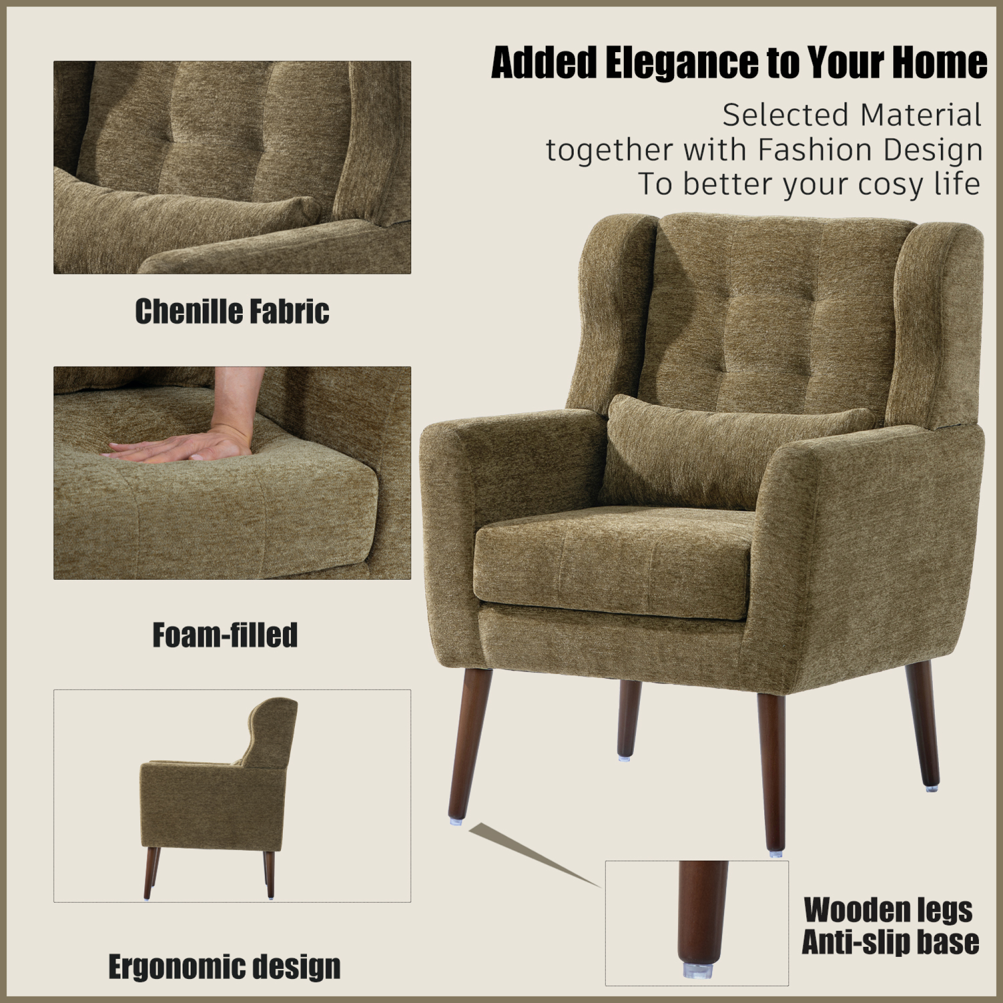 Leumius Modern Accent Chair with Solid Wood Leg, Chenille Armchair with Pillow, Comfy Soft Padded Lounge Chair for Small Space, Bedroom, Living Room Olive Green