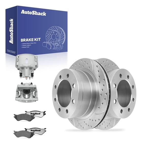 AutoShack Rear Vented Drilled & Slotted Silver Zinc Coated Brake Rotors   Premium Ceramic Pads   Calipers 8-PC Brake Kit Replacement for 2006-2008 Dodge Ram 1500 SilverShield Pro 13.86" (352 mm)
