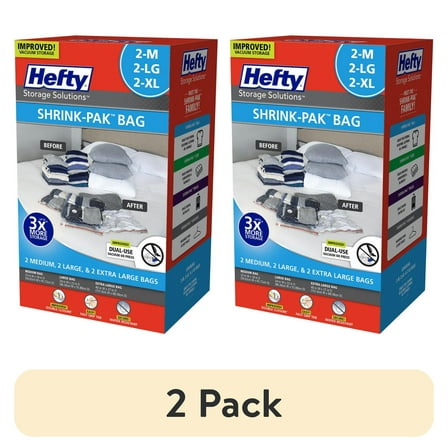 (2 pack) Hefty Shrink-Pak 2 Medium Bags, 2 Large Bags, 2 Extra-Large Vacuum Compression Storage Bags, Closet Organizer, Adults and Tweens