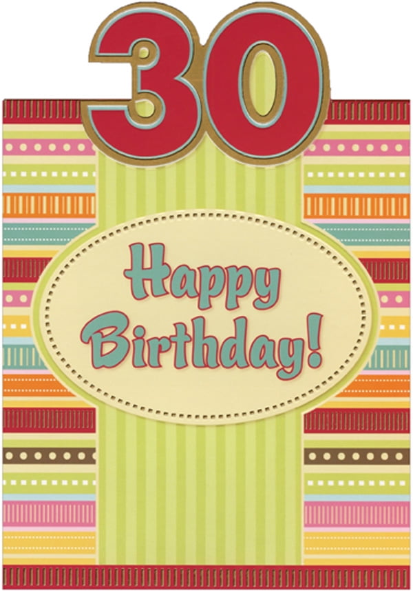 Designer Greetings Green Vertical Lines and Colorful Horizontal Lines Die Cut Top Fold Age 30 / 30th Birthday Card