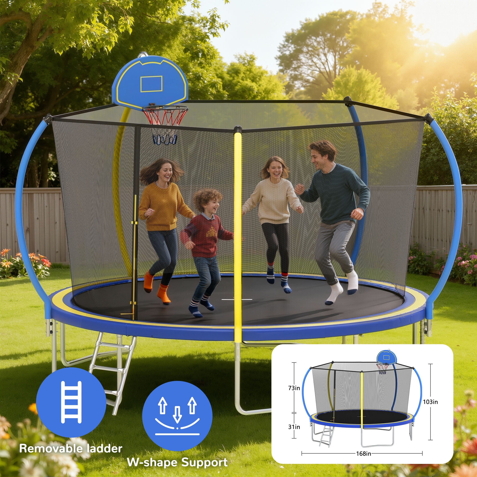 12FT Trampoline for Kids - Seizeen Round Trampoline W/ Enclosure Net & Hoop, Outdoor Colorful Trampoline with Waterproof Cover & Ladder